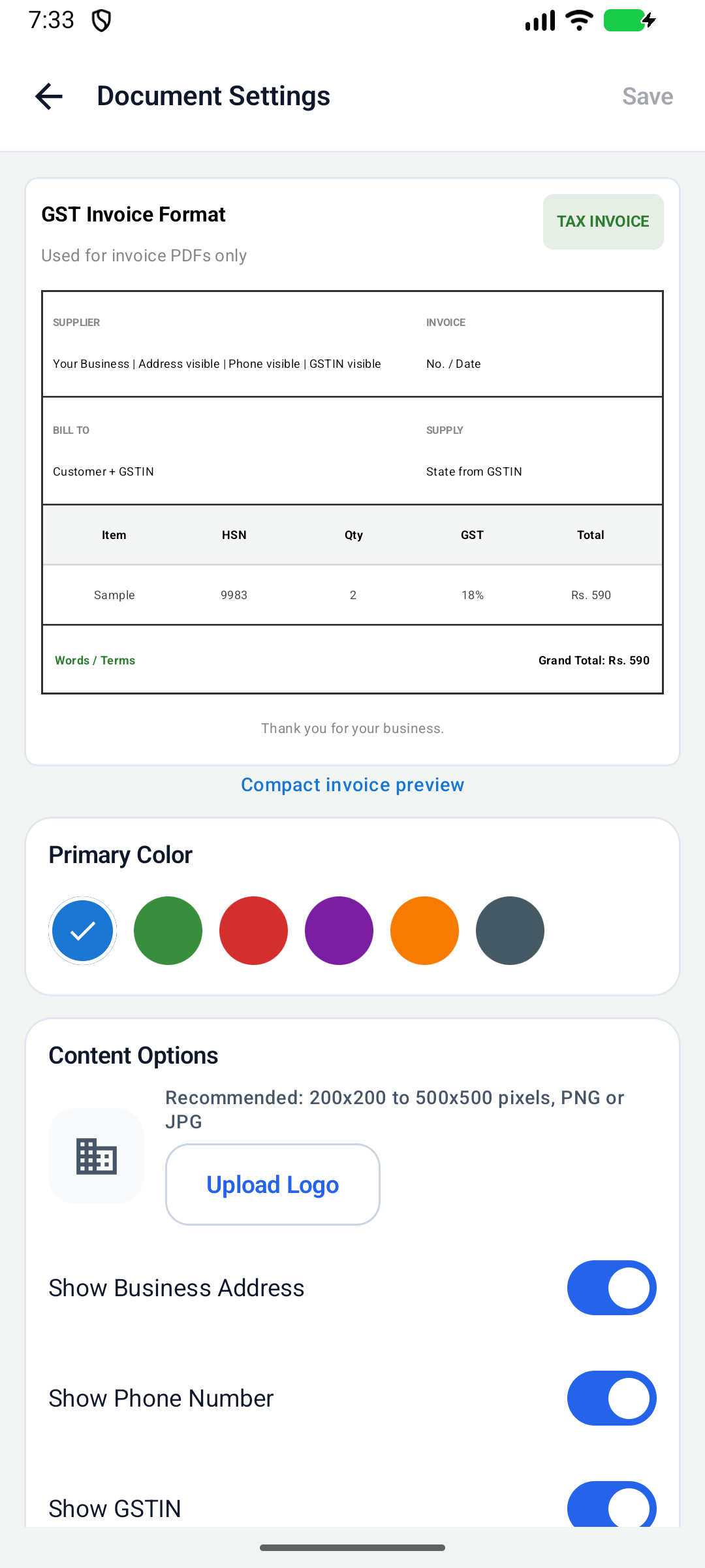Document settings in the Ledgerly Android app