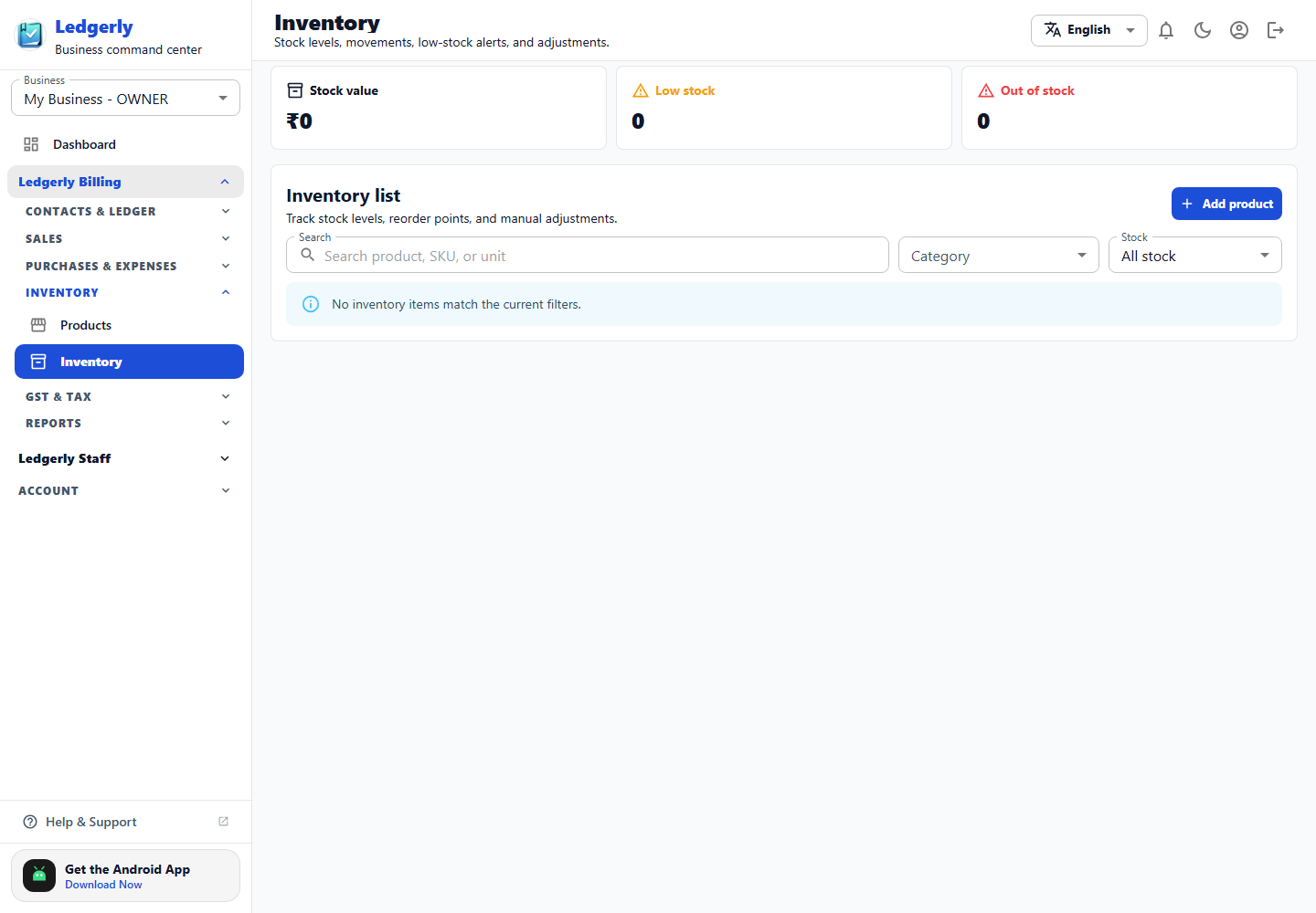 Inventory dashboard in the Ledgerly web app