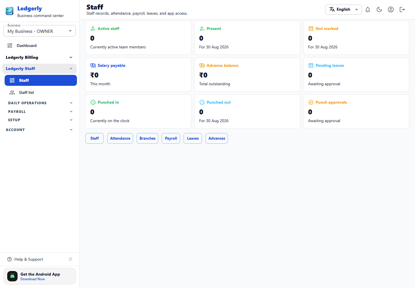 Staff dashboard in the Ledgerly web app