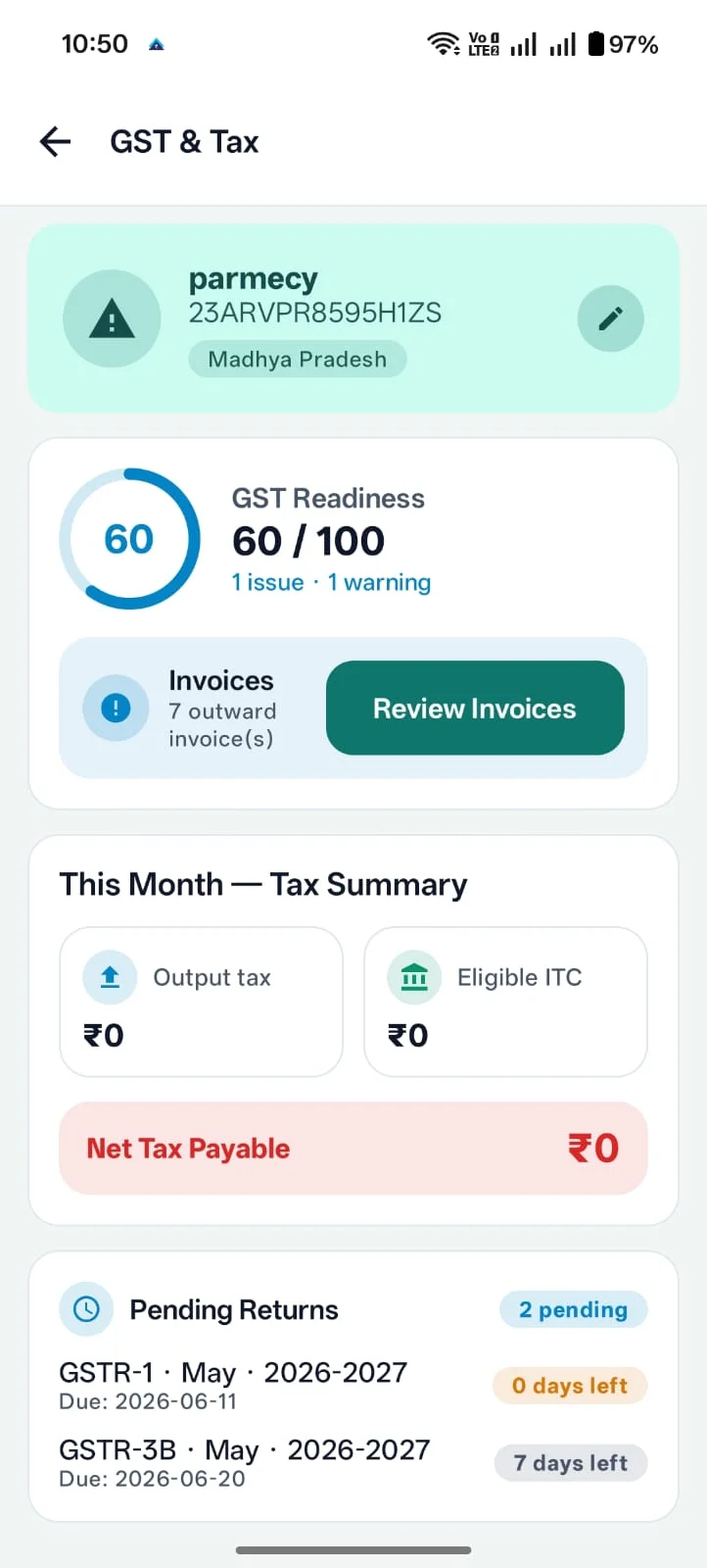 Ledgerly GST and tax screen with readiness score and pending returns