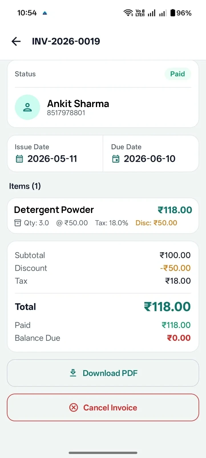 Ledgerly invoice detail screen with tax, discount and paid status