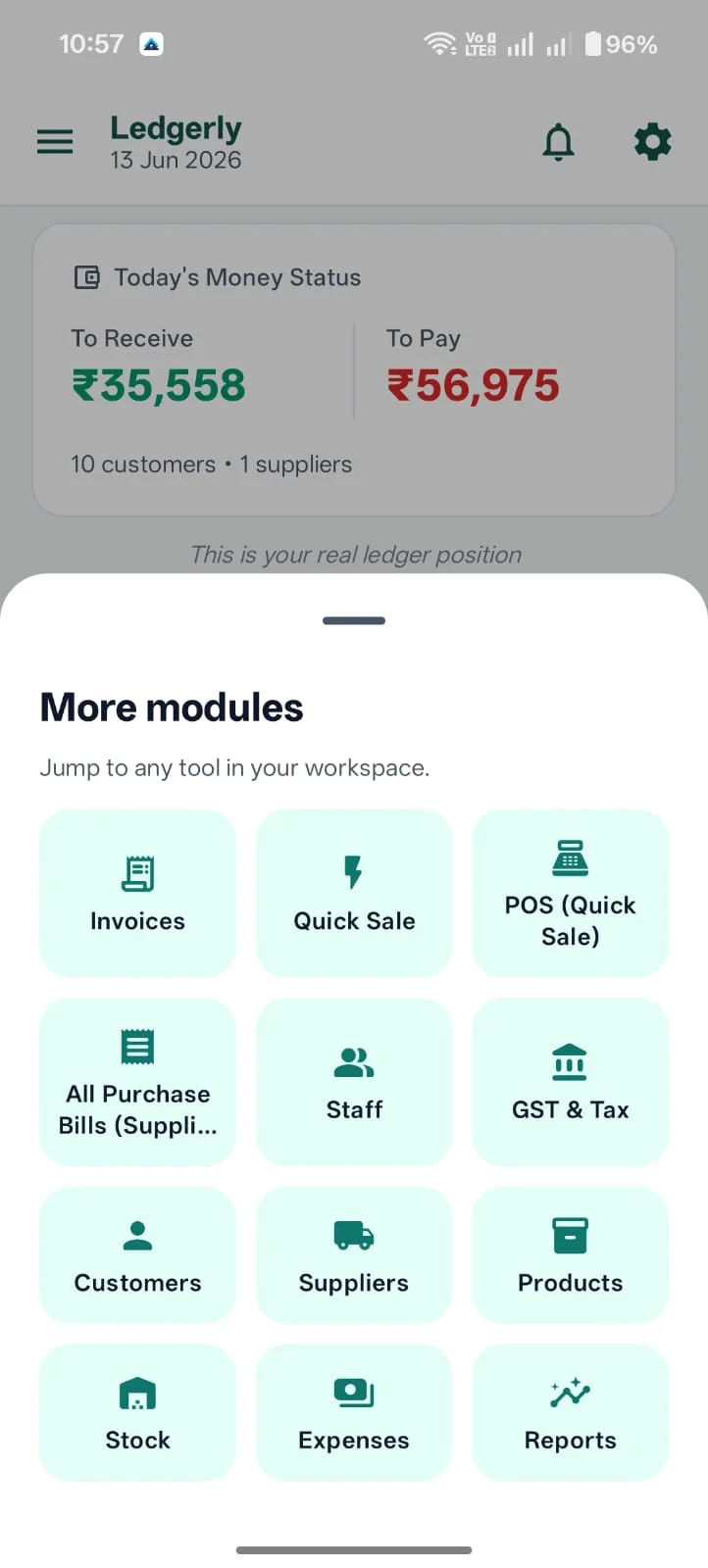Modules screen with inventory and product control in Ledgerly