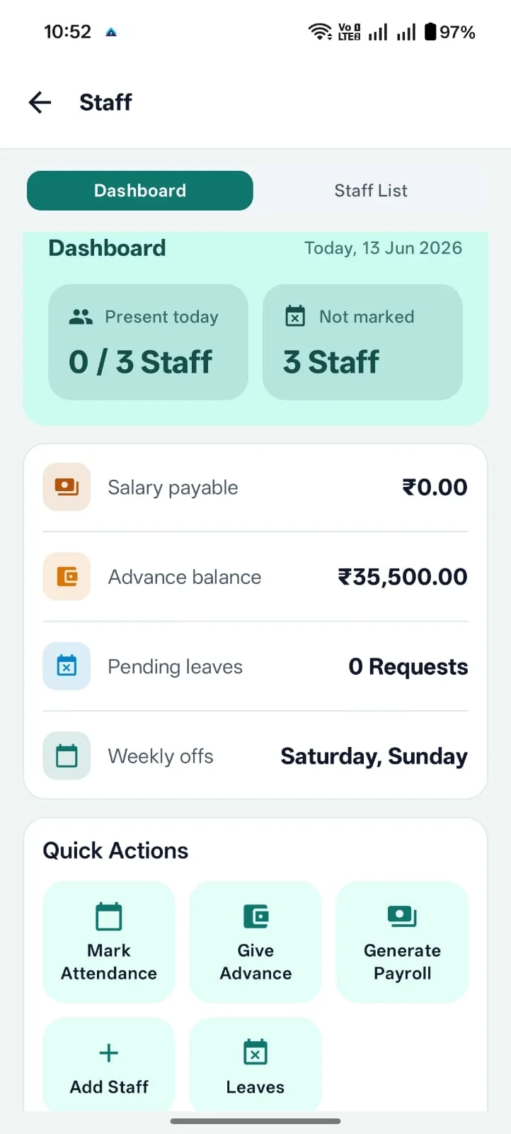 Ledgerly staff dashboard with attendance, salary payable and quick actions