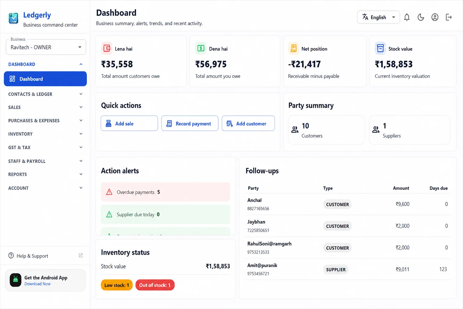 Ledgerly web dashboard with money status, quick actions, action alerts and follow-ups