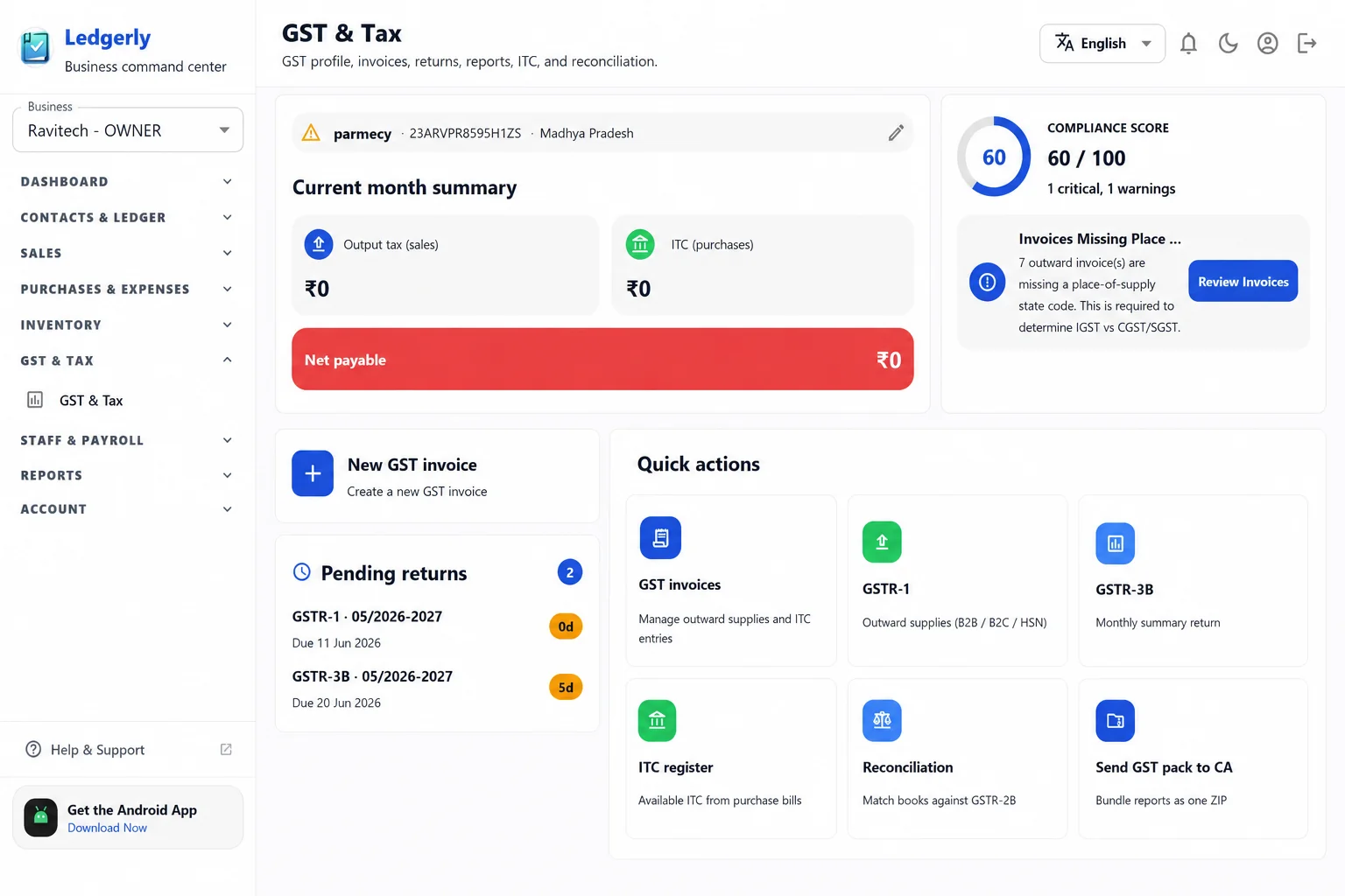 Ledgerly web GST billing screen for PC and laptop
