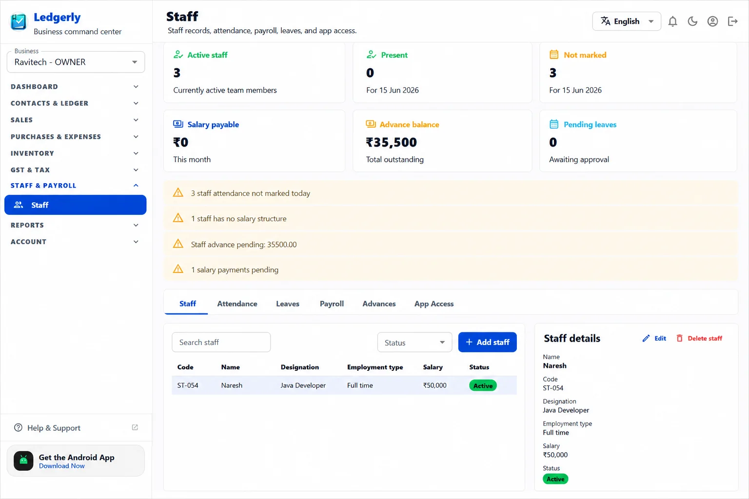 Ledgerly web staff management for PC showing attendance and payroll